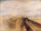 London National Gallery Next 20 17 JMW Turner - Rain, Steam and Speed - The Great Western Railway JMW Turner - Rain, Steam and Speed - The Great Western Railway, 1844, 91 x 122 cm. Turner admired modern technology and here paints the most modern locomotive of its kind crossing Maidenhead Bridge. Turner used swirls and slashes of paint to give the feeling of rain driving across the path of the train, and for the engines smoke and steam. In front of the train, a hare is dashing across the tracks. To the right of the bridge, a man and his horse are plowing the land. On the left, you can see two figures fishing quietly from a boat, while a group of people stand on the waters edge, and seem to be waving as the train hurtles past.
